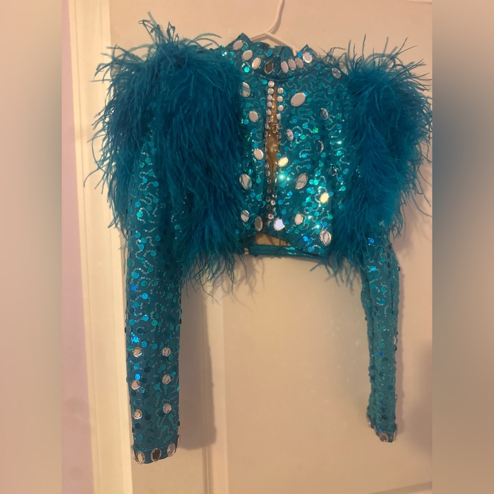 Gorgeous girls blue handmade top with feathers customized girls large